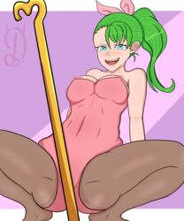 between_legs blue_eyes blushing_at_viewer breasts_out_of_clothes bunny_ears bunny_girl bunnysuit cane dealore deldry green_hair legs_spread nanatsu_no_taizai seven_deadly_sins the_seven_deadly_sins