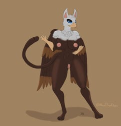 absurd_res alicethedeer anthro avian breasts brown_body feathered_wings feathers female genitals gryphon hi_res mythological_avian mythology nipples pussy solo thick_thighs white_body wings