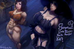 2futas abs alcina_dimitrescu balls clothed clothing dialogue duo flaccid futa_on_futa futa_only futa_with_futa futadom futanari garter_belt garter_straps girly hat high-angle_view human jill_valentine large_breasts large_penis large_testicles larger_futanari leggings light-skinned_futanari light_skin lingerie lovelysquishythings mostly_nude pale_skin partially_clothed penis penis_size_difference presenting_penis resident_evil resident_evil_8:_village size_difference smaller_futanari standing stockings text witch_hat