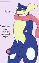 1boy absurd_res anthro balls big_penis blue_body dabelette dialogue english_text foreskin front_view genitals greninja hi_res humanoid_genitalia humanoid_penis long_tongue male male_focus male_greninja male_only male_pokemon male_solo multicolored_body nintendo nude offscreen_character penis pink_background pink_eyes pokémon_(species) pokemon pokemon_(species) simple_background solo solo_male text tongue two_tone_body uncut video_games yellow_body