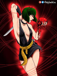 1girls armwear blade bob_(haircut) choker clothed clothes female female female_focus female_only green_hair hair_tie inuyasha lipstick ninja nip_slip nipple_slip panties philipsmitheros pubic_hair_peek red_eyes short_dress short_hair skull solo weapon yura_of_the_hair