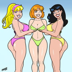 2020 3girls archie_comics ass betty_and_veronica betty_cooper big_breasts bikini black_hair blonde_hair breast_fondling breast_grab breasts brown_hair chancero erect_nipples_under_clothes female female_only josie_and_the_pussycats josie_mcoy multiple_girls pale_skin swimwear tagme veronica_lodge yuri