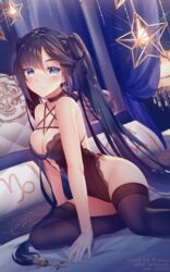 1girls ass astrologist barely_clothed big_breasts black_hair blue_eyes breasts bustier fishnets genshin_impact lace lingerie mona_(genshin_impact) revealing_clothes rimuu stars thick_thighs thighhighs thighs twintails