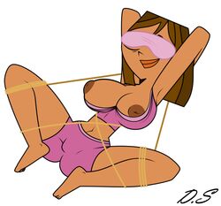 bound breasts brown_hair brown_nipples courtney_(tdi) dark-skinned_female dark_skin delta0shadow lips nipples sleeping smile solo total_drama_island white_background