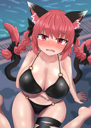 black_bikini blush chups crying large_breasts pool poolside red_hair rin_kaenbyou tagme touhou twintails