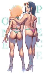 2girls ass bikini eyewear_on_head female female_only glo-s-s looking_at_viewer looking_back multiple_girls nami nico_robin one_piece post-timeskip sunglasses_on_head