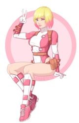 1girls belt belts blonde_hair blue_eyes boots breasts female female_focus female_only gwen_poole gwenpool gwenpool_(series) human human_only jumpsuit leather_straps marvel marvel_comics one_piece_suit peace_sign pink_highlights pinup pinup_(style) png shamserg skin_tight smile soft_smile solo solo_female solo_focus thighs transparent_background two_tone_hair v_sign wink winking winking_at_viewer