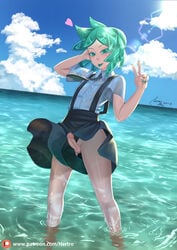 androgynous blue_eyes blue_hair blue_sky blue_tongue blush erection exposed_penis gem hand_on_head hertro houseki_no_kuni humanoid land_of_the_lustrous ocean peace_sign penis phosphophyllite pseudo_hair skirt_lift suit tie tongue_out