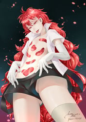 2019 androgynous black_shorts gem gloves hertro houseki_no_kuni humanoid land_of_the_lustrous light_skin long_hair looking_down padparadscha_(land_of_the_lustrous) pseudo_hair red_eyes red_hair red_tongue reflective_hair signature simple_background tongue_out white_suit