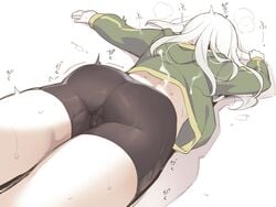 ass asutora asutora-chan bike_shorts commentary_request cum cum_on_clothes female green_jacket heavy_breathing jacket long_hair long_sleeves lying on_stomach original pussy_juice simple_background white_background white_hair