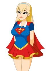 1girls animated big_breasts blonde_hair blue_eyes breasts color colored dc dc_comics dc_super_hero_girls erect_nipples female female_only gif nipple_bulge skirt solo supergirl tagme tvcomrade123