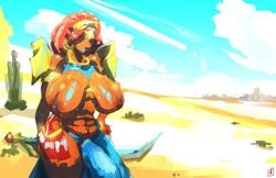 1futa breasts_apart breath_of_the_wild clothed clothing dark-skinned_futanari dark_skin desert detailed_background eraanthe futa_only futanari gerudo gerudo_futanari humanoid partially_clothed red_hair solo standing tagme the_legend_of_zelda topless urbosa