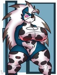 1girls anthro big_breasts blush cow_print cow_print_one_piece female furry game_freak hourglass_figure kingretrokirby lycanroc nintendo pokémon_(species) pokemon pussy solo solo_female thick_thighs wide_hips