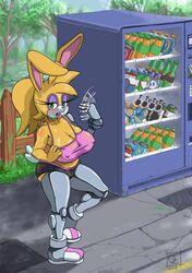 1girls anthro archie_comics ass big_breasts breasts bunnie_rabbot bunny_ears cleavage curvy cybernetics cyborg drink erect_nipples eyelashes eyeshadow fanning fluffy_ears fur furry green_eyes huge_breasts looking_at_viewer mammal nipples omegazuel pink_nose ponytail public rabbit rabbit_ears rabbit_tail robot_leg sega shorts sonic_(series) sonic_the_hedgehog_(archie) sonic_the_hedgehog_(comics) sonic_the_hedgehog_(series) sweat sweating sweaty tail tank_top thick_thighs tongue tongue_out vending_machine yellow_fur