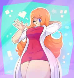 blue_eyes detailed_background dress glabsterii hand_behind_head labcoat looking_at_viewer looking_down mario_(series) mona_(warioware) orange_hair pixel red_hair spoken_heart thick_thighs warioware