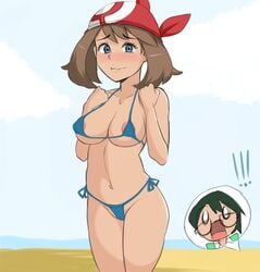 bandana beach bikini black_hair blue_bikini blue_eyes blue_swimsuit brother brown_hair masato_(pokemon) max_(pokemon) may_(pokemon) nintendo pokemon pokemon_rse reach025 red_bandana rider117 shocked_expression sibling siblings sister swimsuit