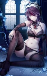 1girls big_breasts bra breasts fishnets genshin_impact goth gothic high_heels lingerie midriff nun panties red_eyes red_hair rimuu rosaria_(genshin_impact) thick_thighs thighhighs thighs