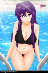 1girls artist_logo artist_name black_bikini black_bikini_top bottomless clouddg deviantart_username doki_doki_literature_club edit female female_only getting_out_of_pool human pubic_hair purple_eyes purple_hair pussy solo sparkle sparkling_water swimming_pool toony water yuri_(doki_doki_literature_club)