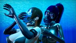 2girls 3d d.va drowning female female_only kinkrimfetish latex mask overwatch rubber scuba underwater widowmaker