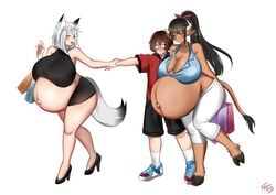 1boy 2girls bayoshii big_breasts blush breasts female huge_belly huge_breasts large_breasts male pregnant ready_to_pop