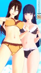 2girls 3d 3d_(artwork) big_breasts bikini blue_hair boruto:_naruto_next_generations bra breasts brown_hair cleavage clothing female female_focus female_only fully_clothed hyuuga_hanabi hyuuga_hinata koikatsu large_breasts lingerie long_hair looking_at_viewer nail_polish naruto naruto:_the_last naruto_(series) naruto_shippuden naughty_face open_mouth otsukira painted_nails pale-skinned_female pale_skin panties partially_clothed peace_sign pink_nail_polish pink_nails pose posing revealing_clothes shounen_jump sisters smile smiling standing swimsuit tease teasing teenager tongue tongue_out underwear v violet_eyes