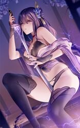 1girls barely_clothed beauty_mark blush bra breasts choker genshin_impact large_breasts lingerie midriff mole panties purple_eyes purple_hair raiden_shogun revealing_clothes rimuu sword thick_thighs thighhighs thighs tight_clothing