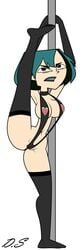 1girls black_eyes black_hair breasts delta0shadow elbow_gloves female female_only gloves green_hair gwen_(tdi) leggings legwear light-skinned_female light_skin lips navel nipples pole solo solo_female split splits standing_split stripper_pole total_drama_island vertical_splits