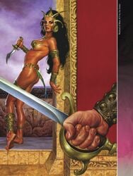 1boy 1boy1girl 1girls a_princess_of_mars anklet armlet ass barsoom black_hair bracelet bubble_butt dejah_thoris dirty_soles gold_pasties headdress holding_weapon joe_jusko john_carter_of_mars knife loincloth long_hair martian official_art pasties royalty sword voluptuous