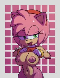 amy_rose anthro areola belly big_breasts breasts clothed clothing eulipotyphlan female fur furry green_eyes hedgehog hi_res mammal nipples open_mouth partially_clothed pink_body pink_fur ruruduu sega simple_background smile solo sonic_(series)