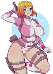 1girls belt big_breasts blonde_hair blue_eyes bokuman boots breasts female female_focus female_only gwen_poole gwenpool gwenpool_(series) huge_breasts jumpsuit katana leather_straps marvel marvel_comics one_piece_suit skin_tight solo solo_female solo_focus thick thick_thighs thunder_thighs weapon