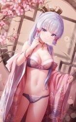 1girls barely_clothed big_breasts blue_eyes blue_hair blush bra breasts genshin_impact japanese_clothes kamisato_ayaka midriff panties revealing_clothes rimuu thick_thighs thighs