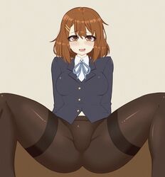 blush brown_hair clothed drooling duke_wintermaul heart-shaped_pupils k-on! legs open_mouth pantyhose pussy_bulge spread_legs sweat thighs tights young_savage yui_hirasawa_(k-on!)