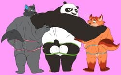 2021 anthro ass black_body brown_body canid canine canis disney dreamworks fox giant_panda gideon_grey green_eyes grey_body group haxsmack hi_res hug humanoid_hands jockstrap kung_fu_panda male male_only mammal master_po_ping overweight overweight_male simple_background underwear ursid white_body wolf zootopia