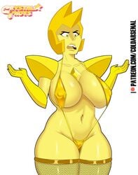 1girls cartoon_network coldarsenal crystal_thots diamond_authority female female_focus female_only fishnet_stockings fishnets gem_(species) huge_breasts humanoid mostly_nude navel short_blonde_hair short_hair simple_background solo solo_female solo_focus steven_universe thick_thighs toned toned_female toned_stomach wide_hips yellow_body yellow_diamond_(steven_universe) yellow_eyes yellow_female yellow_skin