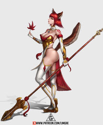 1girls 2018 absurdres animal_ears artist_name breasts canine cleavage dog_ears dog_girl dog_tail female full_body high_resolution highres holding holding_weapon jewelry kacia leaf legwear limgae looking_at_viewer looking_to_the_side original patreon red_hair simple_background tail tights url watermark weapon white_legwear yellow_eyes