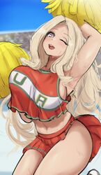 1girls armpits big_breasts breasts cheerleader cheerleader_uniform eye_contact female high_resolution large_breasts long_hair looking_at_viewer mount_lady my_hero_academia silver_queen thick_thighs thighs u.a._cheerleader_outfit wink yuu_takeyama