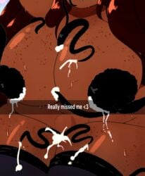 1girls breast_sucking brown_hair brown_skin cinnamon_(riley_moore) cum_in_pussy cum_inside cumshot cumstring freckles huge_breasts lactation monster plump riley_moore_(artist) snapchat tentacle_sex thick_thighs