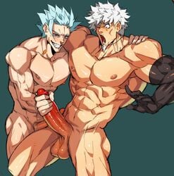 2boys abs ahe_gao arm_around_shoulders arms_around_neck balls ballsack ban_(nanatsu_no_taizai) bara big_penis blue_hair chin_pubes dangling_testicles dark_nipples erection facial facial_hair feet_out_of_frame gay goatee handjob human low_hanging_balls male male_nipples male_only masturbation muscles muscular_arms muscular_male muscular_thighs na_insoo nanatsu_no_taizai niko_(gyee) no_navel nude_male open_mouth pecs penis red_eyes rennik scrotum serratus shaved_crotch smooth_skinned_male testicles v-line v-taper veiny_penis white_hair yaoi