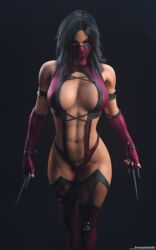 1girls 3d big_breasts black_hair blender breasts cleavage clothed elbow_gloves female female_only frown large_breasts long_hair mask mileena mileena_(mk9) mortal_kombat mortal_kombat_(2011) navel pinup revealing_clothes sai_(weapon) shizzyzzzzzz solo tan_skin thigh_boots yellow_eyes