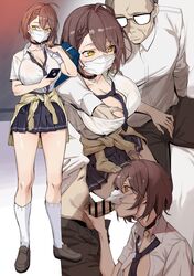 1boy absurdres ahoge azur_lane baltimore_(after-school_ace)_(azur_lane) baltimore_(azur_lane) banssee braid breasts brown_hair censored choker cleavage clothes_around_waist fellatio female french_braid glasses highres large_breasts mask mouth_mask necktie old old_man oral pleated_skirt school_uniform short_hair short_sleeves skirt yellow_eyes