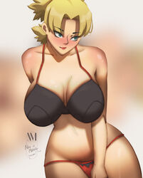 1girls alternate_breast_size artist_name artist_signature big_breasts black_bra blonde_hair blush body_blush bra breasts busty cleavage closed_mouth clothed_female collarbone curvaceous curvy curvy_female curvy_figure eyebrows_visible_through_hair female female_only highres huge_breasts human light-skinned_female light_skin lipstick logo long_hair makeup midriff naruto naruto_(series) naruto_shippuden nicomelba panties pinup quad_tails red_panties shiny shiny_hair shiny_skin shounen_jump skindentation slim_waist smile solo temari tied_hair underwear voluptuous watermark wide_hips