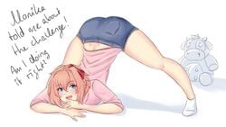 1girls bloody_nose blue_eyes blue_shorts doki_doki_literature_club jack-o_pose looking_back mr._cow_(doki_doki_literature_club) nosebleed pink_shirt raionart red_hair_bow sayori_(doki_doki_literature_club) shadow shorts smiling socks solo_female strawberry_blonde_hair stuffed_animal stuffed_cow text udders white_background white_socks