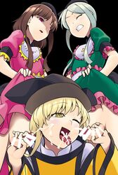 1girls 2futas black_background blonde_hair brown_hair censor_bar censored clenched_teeth closed_eyes clothed clothed_sex clothing cum cum_in_mouth cum_on_face cum_on_tongue double_handjob dress_lift ejaculation empty_eyes female fully_clothed futa_on_female futanari green_eyes green_hair handjob hat human kagehito light-skinned_female light-skinned_futanari light_skin long_hair mostly_clothed multiple_futa multiple_penises nishida_satono okina_matara open_mouth orgasm pale_skin penis purple_eyes simple_background small_penis standing teireida_mai tongue tongue_out touhou yellow_eyes