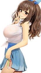 blue_ribbon breasts brown_eyes brown_hair clothes_lift condom condom_belt eyebrows_visible_through_hair female highres huge_breasts idolmaster idolmaster_shiny_colors large_breasts multiple_condoms ponytail rak_(kuraga) ribbon shirt skirt skirt_lift smile tied_shirt tsukioka_kogane used_condom v