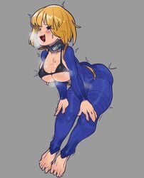 bethesda_softworks black_bra blonde_hair bra breasts breasts_out cleavage collar explosive_collar fallout fallout_(series) grey_background mob_face open_mouth short_hair simple_background steam vault_girl vault_meat vault_suit waa153