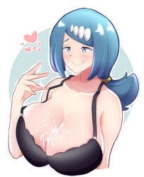 1girls big_breasts blue_eyes blue_hair blush bra breasts cum cum_on_breasts female hearts human lana's_mother_(pokemon) large_breasts long_hair mature_female milf nikasubsia nintendo pokemon pokemon_sm smile solo upper_body