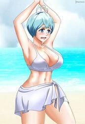 1girls areola_slip areolae big_breasts black_clover blue_eyes blue_hair grey_(black_clover) kactzzu solo white_clothes