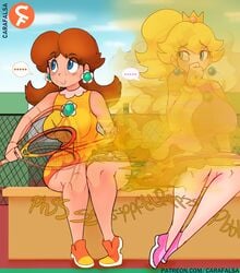 2girls blonde_hair blue_eyes blush brown_hair carafalsa fart fart_cloud fart_fetish farting mario_(series) mario_tennis nintendo ponytail princess_daisy princess_peach sitting smile sweat tennis_uniform text text_bubble watermark