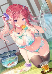 1girls ass big_breasts blush bra breasts hair lingerie midriff miwabe_sakura navel original original_character panties pink_hair popsicle purple_eyes red_hair revealing_clothes thick_thighs thighhighs thighs twintails wrist_scrunchie