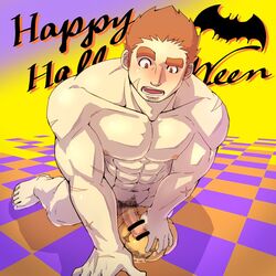 1boy abs bar_censor bara blush brown_hair censored completely_nude cum erection facial_hair fucking_pumpkin full_body goatee gunzo_(tokyo_afterschool_summoners) halloween halloween_costume happy_halloween human human_only katoributa_a male male_focus male_masturbation male_only male_pubic_hair masturbation muscular muscular_male navel navel_hair nipples nude pectorals penis pubic_hair pumpkin scar scar_on_arm scar_on_cheek scar_on_face short_hair sideburns solo spiked_hair stomach stubble thick_eyebrows tokyo_afterschool_summoners tokyo_houkago_summoners